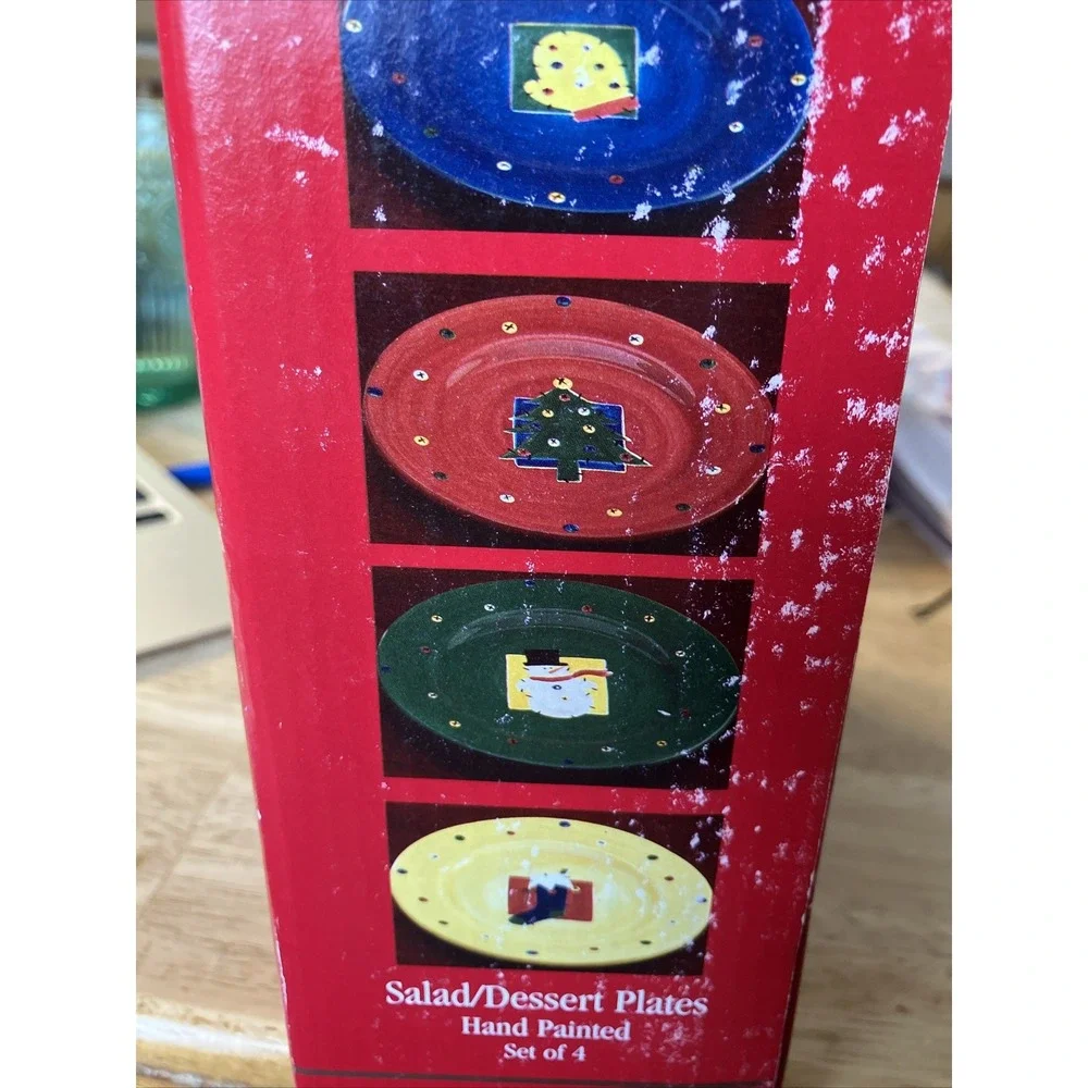 Make the‎ Season Bright 4 Hand Painted Salad/Dessert Plates Mitten tree Snowman